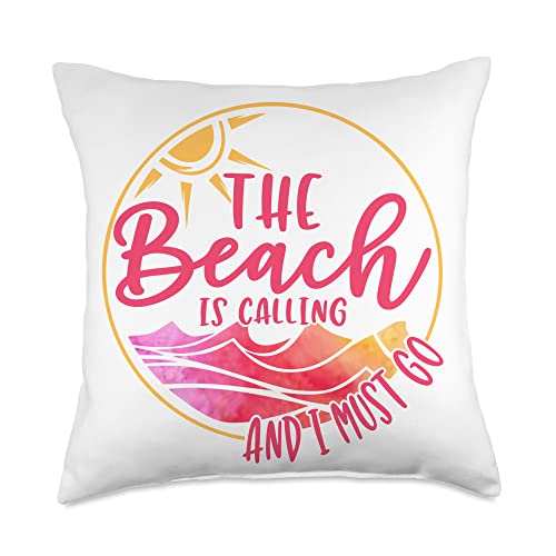 Summer Vacation Beach Is Calling Sunset The Beach is Calling and I Must Go Funny Summer Vacation Throw Pillow, 18x18, Multicolor