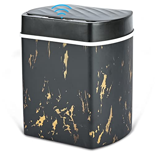 Weniii Trash Can Touchless Motion Sensor Garbage Touch Free Automatic Kitchen with Lid for Bathroom Office Smart Home Electric Cans Plastic Black Stamping Pattern Look Bin 3.5Gallon