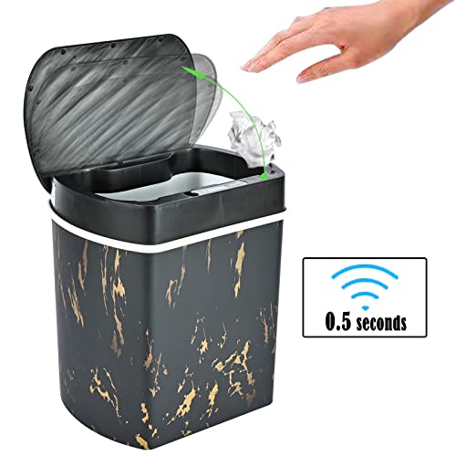 Weniii Trash Can Touchless Motion Sensor Garbage Touch Free Automatic Kitchen with Lid for Bathroom Office Smart Home Electric Cans Plastic Black Stamping Pattern Look Bin 3.5Gallon