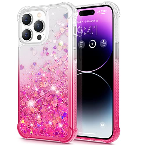 Ruky for iPhone 14 Pro Glitter Case, Bling Sparkle Flowing Quicksand Waterfall Flexible Soft TPU Bumper Cushion Shockproof Protective Women Girls Phone Case for iPhone 14 Pro 6.1 inches, Gradient Pink