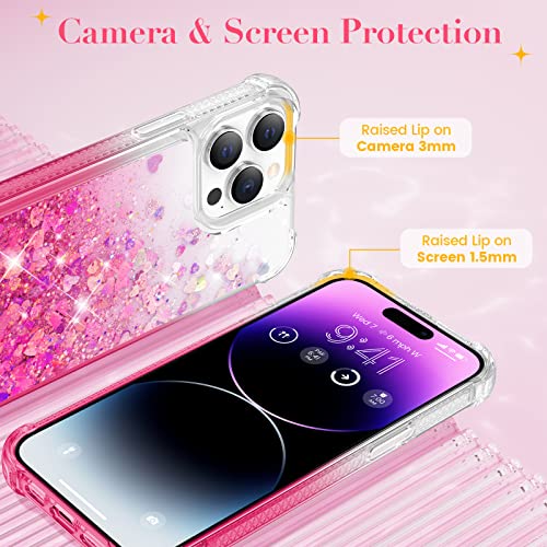 Ruky for iPhone 14 Pro Glitter Case, Bling Sparkle Flowing Quicksand Waterfall Flexible Soft TPU Bumper Cushion Shockproof Protective Women Girls Phone Case for iPhone 14 Pro 6.1 inches, Gradient Pink