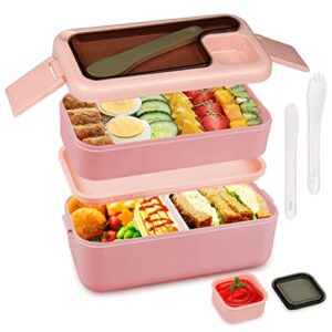 honzuen bento lunch box 2 layer, adults compartment bento box with sauce container, stackable meal prep container with cutlery, microwave safe leak-proof lunch box for men woman (pink)