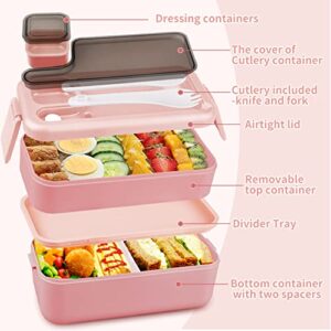 HONZUEN Bento Lunch Box 2 Layer, Adults Compartment Bento Box with Sauce Container, Stackable Meal Prep Container with Cutlery, Microwave Safe Leak-Proof Lunch Box for Men Woman (Pink)