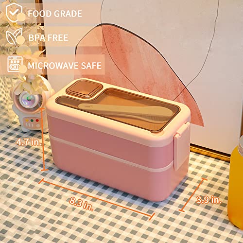 HONZUEN Bento Lunch Box 2 Layer, Adults Compartment Bento Box with Sauce Container, Stackable Meal Prep Container with Cutlery, Microwave Safe Leak-Proof Lunch Box for Men Woman (Pink)