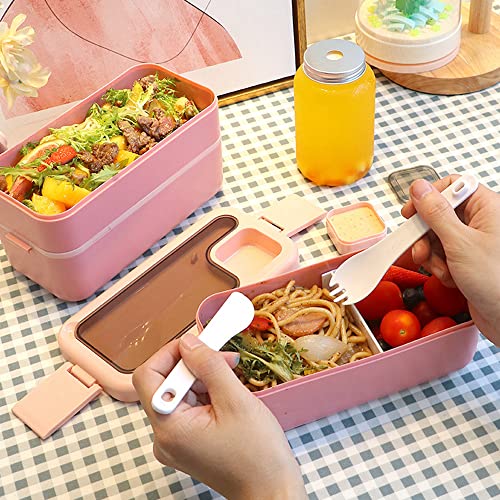 HONZUEN Bento Lunch Box 2 Layer, Adults Compartment Bento Box with Sauce Container, Stackable Meal Prep Container with Cutlery, Microwave Safe Leak-Proof Lunch Box for Men Woman (Pink)