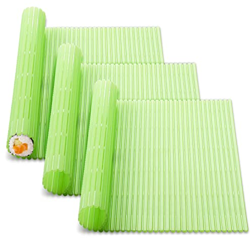 3 Pieces Kitchen Sushi Rolling Mat Non Stick Sushi Making Kit Japanese Plastic Sushi Rolling Maker Homemade for Home Kitchen DIY Sushi Plate Mat (Green)