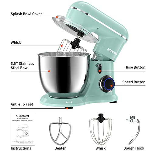 AILESSOM 3-IN-1 Electric Stand Mixer, 660W 10-Speed With Pulse Button, Attachments include 6.5QT Bowl, Dough Hook, Beater, Whisk for Most Home Cooks, Agave Green