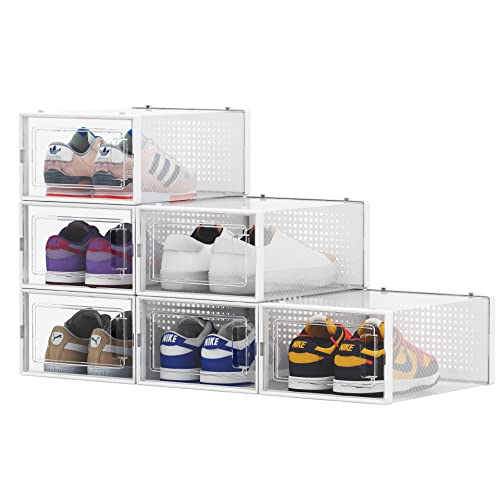 Verybegin 6-Pack Large Shoe Storage Boxes, Shoe Organizer, Clear Plastic Shoe Boxes, Shoe Containers Sneaker Storage, Stackable, Breathable, Space Saving, Easy Assembly, Fit up to US Size5-10(13.1"x9"x5.5"), White