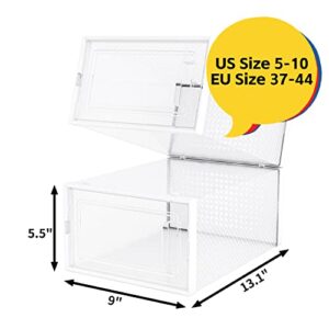 Verybegin 6-Pack Large Shoe Storage Boxes, Shoe Organizer, Clear Plastic Shoe Boxes, Shoe Containers Sneaker Storage, Stackable, Breathable, Space Saving, Easy Assembly, Fit up to US Size5-10(13.1"x9"x5.5"), White