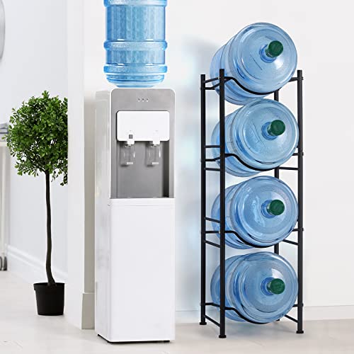 5 Gallon Water Bottle Jug Holder 4 Tier Heavy Duty Water Cooler Jug Storage Rack Detachable Gallon Water Jug Bottle Organizer Shelf for Home Kitchen Office Breakroom Space Save, Black