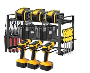 power tool storage rack, drill rack wall mounted, heavy duty garage tools power tool storage, utility for cordless drill in tool room garage, 3-story 120 lb limit, black（17"d x 9.45"w x 8"h inch）