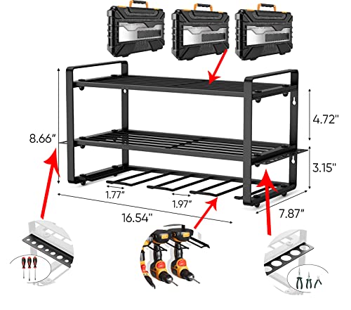 Power tool storage rack, drill rack Wall mounted, Heavy Duty Garage tools Power tool storage, utility for cordless drill in tool room garage, 3-story 120 lb limit, black（17"D x 9.45"W x 8"H Inch）