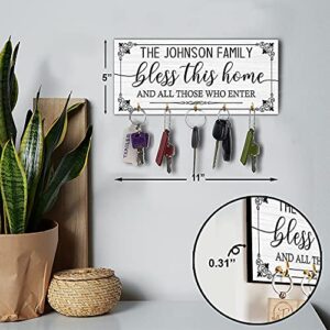 MUCHNEE Personalized Wooden Key Holder Wall Décor with Custom Family Name - Bless Home & People Enter, Key Ring Holder Hook Art with 5 Hooks for Wall, Entryway - Housewarming Gift for Family, Friends