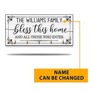 MUCHNEE Personalized Wooden Key Holder Wall Décor with Custom Family Name - Bless Home & People Enter, Key Ring Holder Hook Art with 5 Hooks for Wall, Entryway - Housewarming Gift for Family, Friends