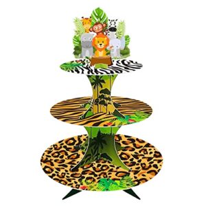 3 tier jungle safari cupcake stand, wild animal dessert holder for forest jungle safari birthday baby shower sage green party decorations supplies for 24 cupcakes