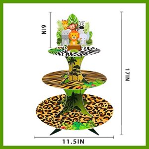 3 Tier Jungle Safari Cupcake Stand, Wild Animal Dessert Holder for Forest Jungle Safari Birthday Baby Shower Sage Green Party Decorations Supplies for 24 Cupcakes