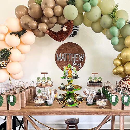 3 Tier Jungle Safari Cupcake Stand, Wild Animal Dessert Holder for Forest Jungle Safari Birthday Baby Shower Sage Green Party Decorations Supplies for 24 Cupcakes