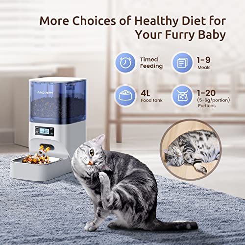 Automatic Cat Feeder, ANDPETY Premium Automatic Cat Food Dispenser with 30s Personalized Meal Call, 1-9 Meals/Day, U-Shaped Stainless Steel Bowl, for Small/Medium Pets, 4L Triple Preservation