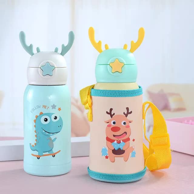 THERMOS Toddler water bottle with straw and double lid. Stainless steel cup with carrier bag 500ml. (REINDEER)