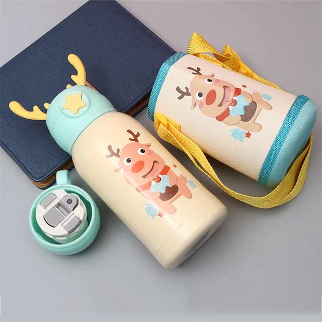 THERMOS Toddler water bottle with straw and double lid. Stainless steel cup with carrier bag 500ml. (REINDEER)