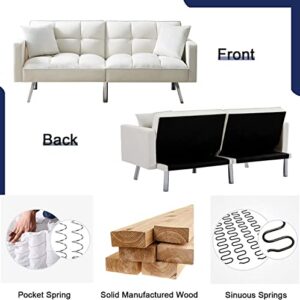 VERYKE Convertible Futon Sofa Bed with 2 Pillows, Modern Upholstered Sleeper Sofa Couch with 3 Adjustable Backrests & Metal Legs for Living Room (White)