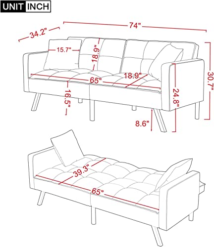 VERYKE Convertible Futon Sofa Bed with 2 Pillows, Modern Upholstered Sleeper Sofa Couch with 3 Adjustable Backrests & Metal Legs for Living Room (White)