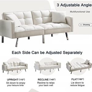 VERYKE Convertible Futon Sofa Bed with 2 Pillows, Modern Upholstered Sleeper Sofa Couch with 3 Adjustable Backrests & Metal Legs for Living Room (White)