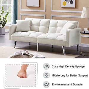 VERYKE Convertible Futon Sofa Bed with 2 Pillows, Modern Upholstered Sleeper Sofa Couch with 3 Adjustable Backrests & Metal Legs for Living Room (White)