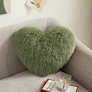 xege luxury 15"x17" faux fur heart shaped pillow, plush shaggy decorative throw pillow, fluffy cuddly heart pillow w/insert, furry accent pillow for valentine's day/birthday/christmas, sage green