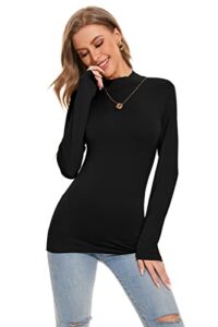 black turtleneck for women long sleeve mock neck tops stretchy lightweight slim fitted pullovers large