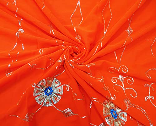 Peegli Vintage Orange Saree Sequins Work Georgette Recycled Fabric Used Sari