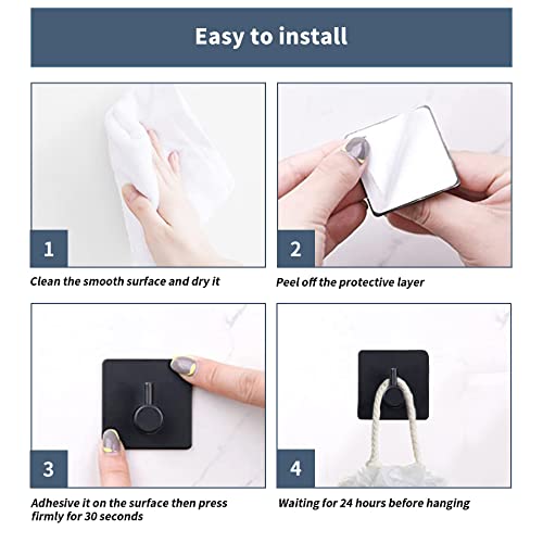 Self Adhesive Hooks, Waterproof in Shower Hooks for Hanging Loofah Sponge Towels Robes for Bathroom Black Removable Stick on Hooks Heavy Duty Stainless Steel Adhesive Wall Hook 4 Pcs