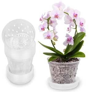 mfxip 5.5 inch 8 pack orchid pots with holes and saucers, clear repotting, plastic plant pot for indoor outdoor flower plants gardening pots