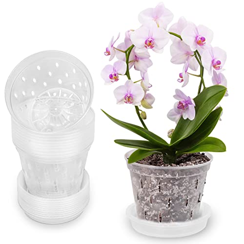 MFXIP 5.5 Inch 8 Pack Orchid Pots with Holes and Saucers, Clear Repotting, Plastic Plant Pot for Indoor Outdoor Flower Plants Gardening Pots