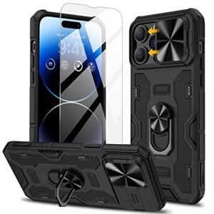 nuleto for iphone 14 pro max case with rotatable kickstand, slid camera cover and screen protector, magnetic protective phone case for iphone 14 pro max 6.7 with ring holder stand and magnet, black