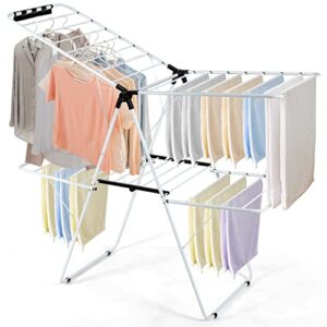 goflame 2-tier clothes drying rack, folding laundry dry rack with adjustable supporting bar, 26 premium clips, space-saving & collapsible laundry hanger for easy storage, no assembly needed