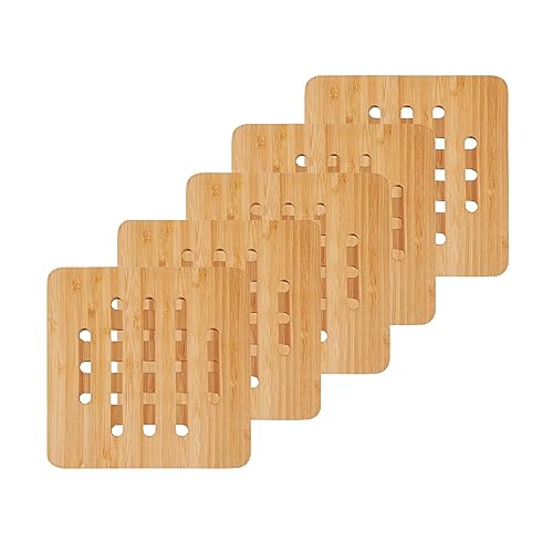 Baveke Bamboo Trivets for Hot Dishes, Coaster Set of 5, Hot Pads for Kitchen, Heat-Resistant Square Trivet Mats for Home Kitchen, Coffee Table, Living Room, Bar, Hot Dishes, Pot, Bowl and Teapot