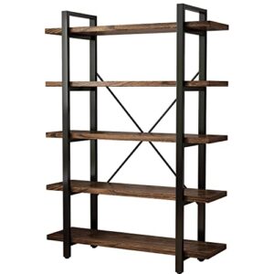 5-Tier Industrial Style Solid Wood Bookcase and Book Shelves,Rustic Wood and Metal Shelving Unit， Living Room,Modern Rustic Open Industrial Book Shelf Office,Distressed Brown (AY-02-5Tier)