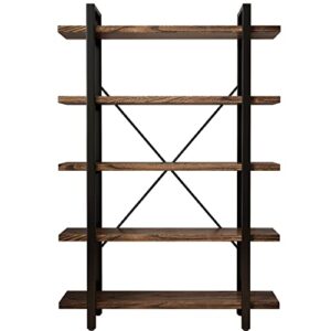 5-Tier Industrial Style Solid Wood Bookcase and Book Shelves,Rustic Wood and Metal Shelving Unit， Living Room,Modern Rustic Open Industrial Book Shelf Office,Distressed Brown (AY-02-5Tier)