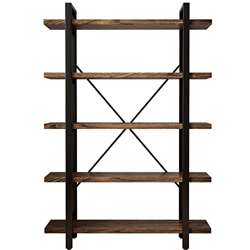 5-Tier Industrial Style Solid Wood Bookcase and Book Shelves,Rustic Wood and Metal Shelving Unit， Living Room,Modern Rustic Open Industrial Book Shelf Office,Distressed Brown (AY-02-5Tier)