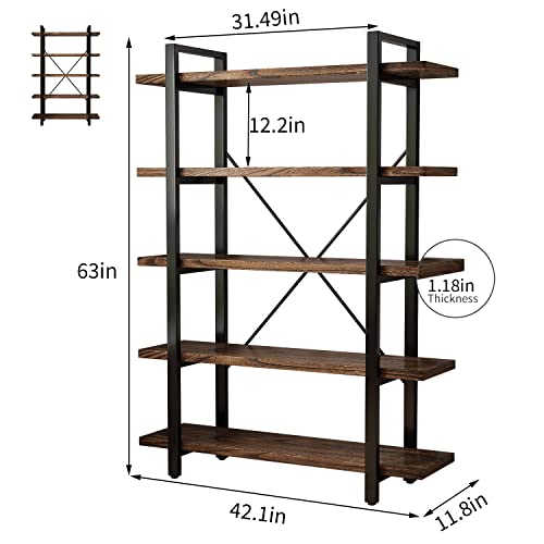 5-Tier Industrial Style Solid Wood Bookcase and Book Shelves,Rustic Wood and Metal Shelving Unit， Living Room,Modern Rustic Open Industrial Book Shelf Office,Distressed Brown (AY-02-5Tier)