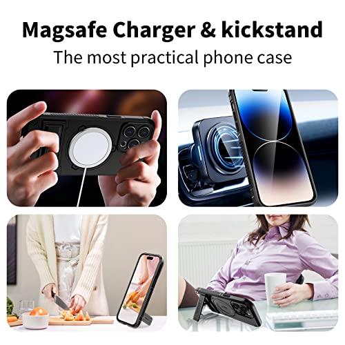 BIBERCAS for iPhone 14 Pro Max Case with MagSafe,3 Stand Way Kickstand, with Camera Protection,Magnetic Case,10FT Military Grade Cover Protection, 6.7 inch - Black