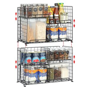 stackable wire basket for kitchen & pantry, 4 tier countertop & cabinet spice rack with adjustable dividers, metal spice organizer storage basket for spice canned snack black