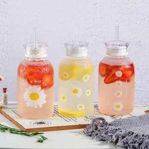 WHJY 16oz Cute Water Bottle, Matte Glass Water bottle with Straw, Milk Juice Glass Water Bottle with Scale, with 2 Lids, Little Daisy Sunflower Matte Portable Water Cup - Matte 6 Sunflowers