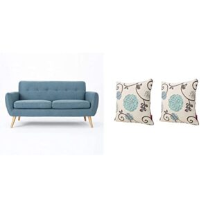 christopher knight home josephine mid-century modern petite fabric sofa, blue/natural & ippolito fabric pillows, 2-pcs set, white and blue floral