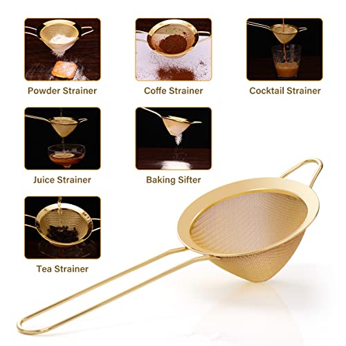 Eligara Fine Mesh Strainer with Handle - Copper Conical Strainers for Cocktail, Tea, Coffee & Drinks - Bar Stainless Steel High-Density Strainer Tool (Gold)