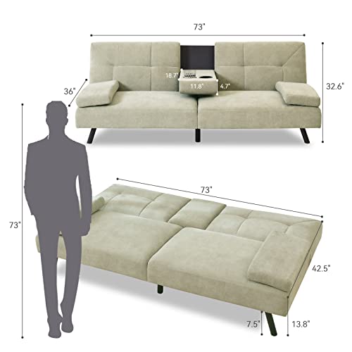 Vyfipt Convertible Futon Sofa Bed,Modern Armrests Sleeper Couch Daybed with 2 Cup Holders,Folding Sofa for Studio Living Room, Apartment, Office,Lounge,Sage Gray