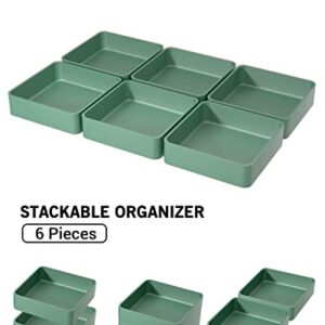 6 Pcs Stackable Drawer Organizer Set, 6.6" X 6.6" Square Plastic Vanity Drawer Organizers and Storage Bins,Desk Drawer Organizer Trays for Makeup,Bathroom Countertop,Office Drawer Divider,Forest Green