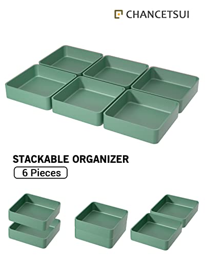 6 Pcs Stackable Drawer Organizer Set, 6.6" X 6.6" Square Plastic Vanity Drawer Organizers and Storage Bins,Desk Drawer Organizer Trays for Makeup,Bathroom Countertop,Office Drawer Divider,Forest Green