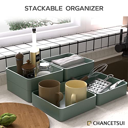 6 Pcs Stackable Drawer Organizer Set, 6.6" X 6.6" Square Plastic Vanity Drawer Organizers and Storage Bins,Desk Drawer Organizer Trays for Makeup,Bathroom Countertop,Office Drawer Divider,Forest Green